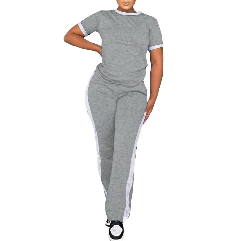 PINSV Women's 2 Piece Outfits Short Sleeve Tops Sweatpants Colorblock Lounge Sets Tracksuits Gray XL - Image 1