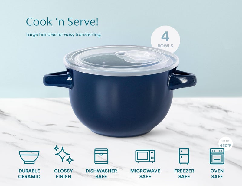 KooK French Onion Soup Bowls, Crocks, Oven Safe Bowls, Soup Mugs, Ceramic Bowls, Dishwasher, Microwave, Set of 4, 18 oz (Blue) - Image 5