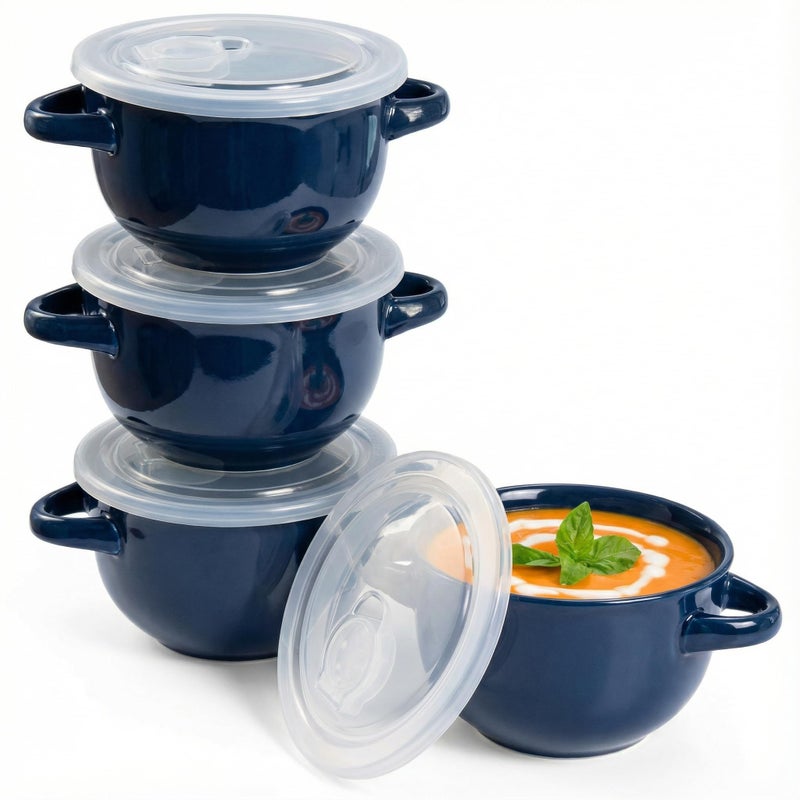 KooK French Onion Soup Bowls, Crocks, Oven Safe Bowls, Soup Mugs, Ceramic Bowls, Dishwasher, Microwave, Set of 4, 18 oz (Blue) - Image 1