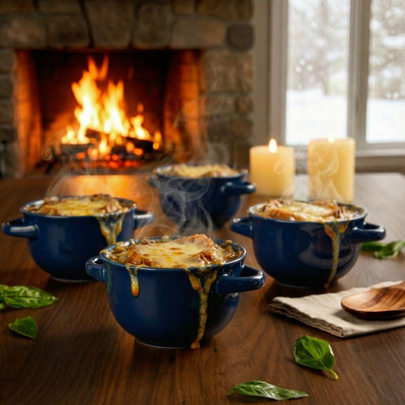 KooK French Onion Soup Bowls, Crocks, Oven Safe Bowls, Soup Mugs, Ceramic Bowls, Dishwasher, Microwave, Set of 4, 18 oz (Blue) - Image 3