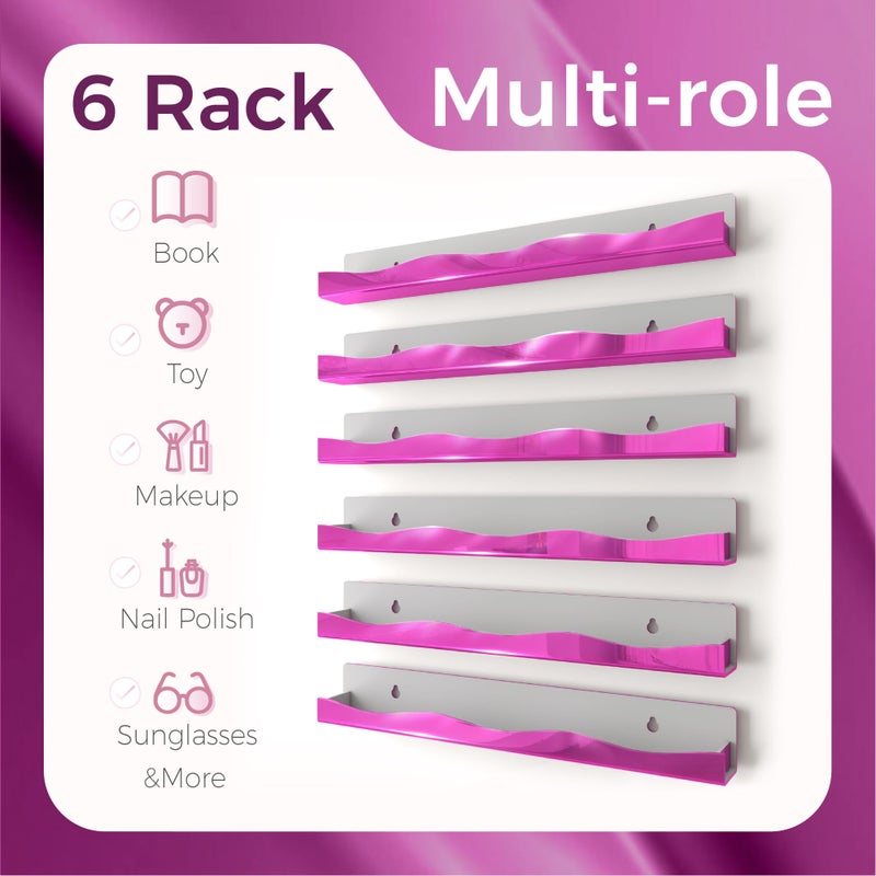 YMVV Wall-Mounted Nail Polish Organizer Rack - 15 Inch Pink Mirror Finish Nail Polish Shelf, Makeup & Beauty Essentials Storage - Multi-Purpose Display Holder for Small Space, Vanity Bathroom, 6 Pack - Image 4
