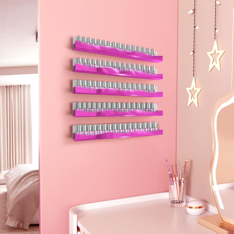 YMVV Wall-Mounted Nail Polish Organizer Rack - 15 Inch Pink Mirror Finish Nail Polish Shelf, Makeup & Beauty Essentials Storage - Multi-Purpose Display Holder for Small Space, Vanity Bathroom, 6 Pack - Image 5