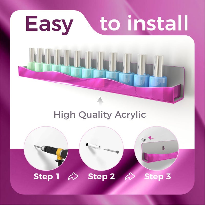 YMVV Wall-Mounted Nail Polish Organizer Rack - 15 Inch Pink Mirror Finish Nail Polish Shelf, Makeup & Beauty Essentials Storage - Multi-Purpose Display Holder for Small Space, Vanity Bathroom, 6 Pack - Image 3