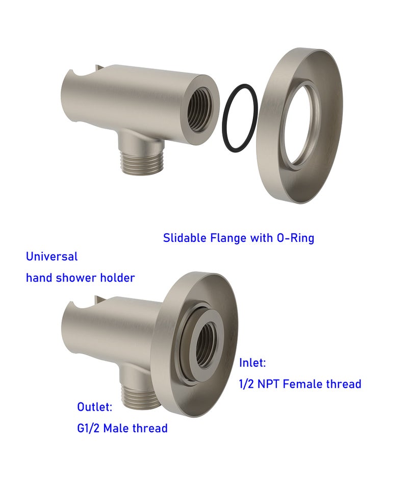 Aquaiaw Wall Supply Elbow with O-Ring Flange, Tapered 1/2 NPT Female Inlet, Solid Brass Wall Union W/Handshower Holder, Round Supply Elbow W/Hand Shower bracket, PVD Brushed Nickel, G1/2 Outlet - Image 4
