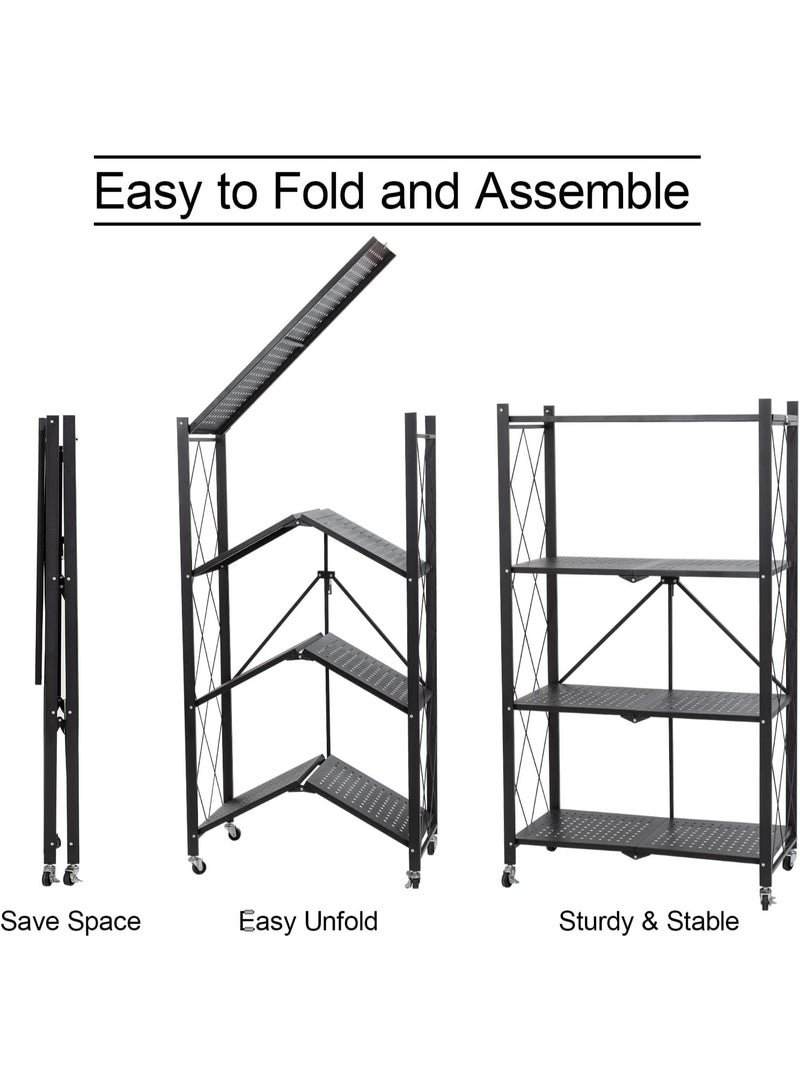 ستاند تخزين معدني قابل للطي 4 أرفف بعجلات – رف حديد متين، بدون تركيب، منظم متعدد الاستخدامات للمطبخ أو المكتب أو الجراج – أسود - Image 3