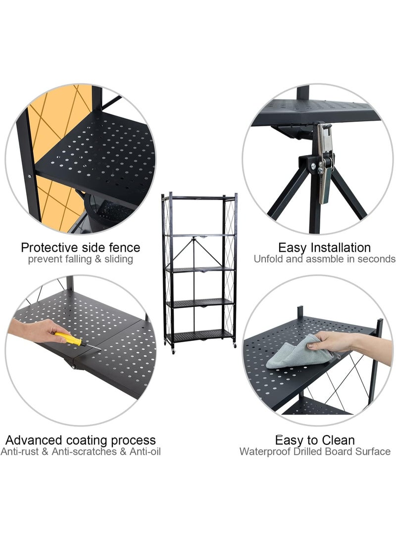 ستاند تخزين معدني قابل للطي 4 أرفف بعجلات – رف حديد متين، بدون تركيب، منظم متعدد الاستخدامات للمطبخ أو المكتب أو الجراج – أسود - Image 4
