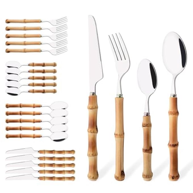 Uniturcky Bamboo Silverware Set, 24-Piece Natural Bamboo Flatware Cutlery with Stainless Steel Silver Head, Includes Knife, Fork, Spoon for Daily Use and Party, Reusable