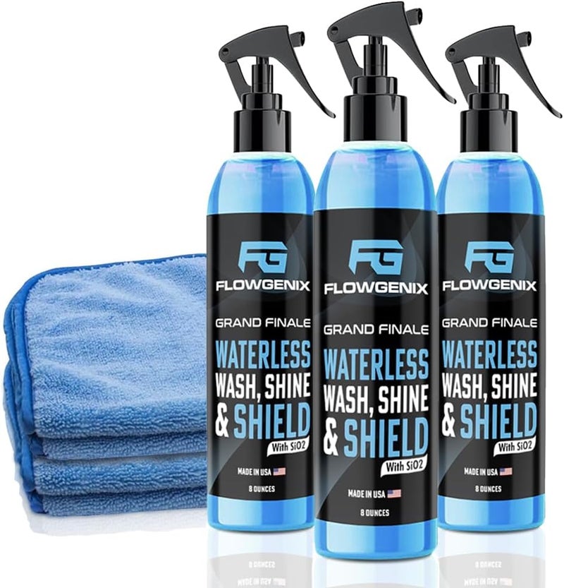 Flowgenix ™ Waterless Car Wash Spray - Grand Finale - Motorcycle Cleaner & Car Wax Spray Polish (8 oz) - Ceramic Coating - Incl. 2 Microfiber Towels - Quick Detailer Spray (3-Pack) - Image 1