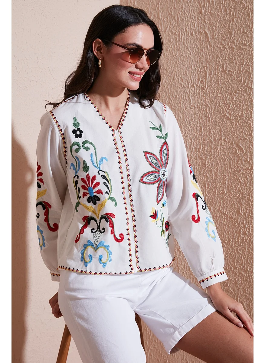 Lela Cotton Embroidered Oversize Fit V Neck Blouse Women's Blouse 676254