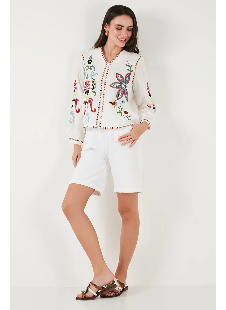 Lela Cotton Embroidered Oversize Fit V Neck Blouse Women's Blouse 676254