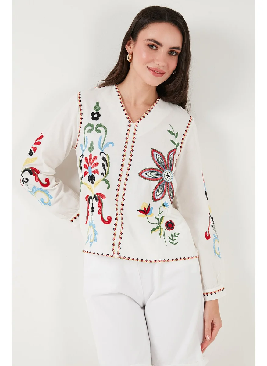 Lela Cotton Embroidered Oversize Fit V Neck Blouse Women's Blouse 676254