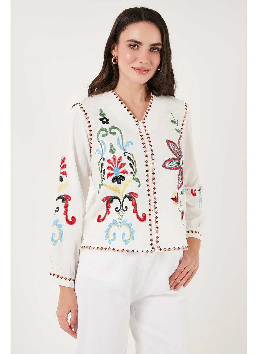 Lela Cotton Embroidered Oversize Fit V Neck Blouse Women's Blouse 676254