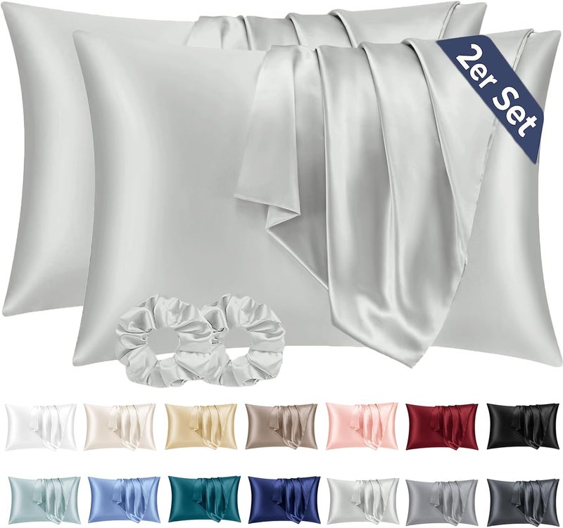 Vielit Pack of 2 Satin Pillowcases 50 x 80 cm, Similar to Silk Pillowcase, Satin Pillowcase Cushion Cover for Hair and Skin Care, Silky Comes with 2 Hair Bobbles (Light Grey) - Image 1