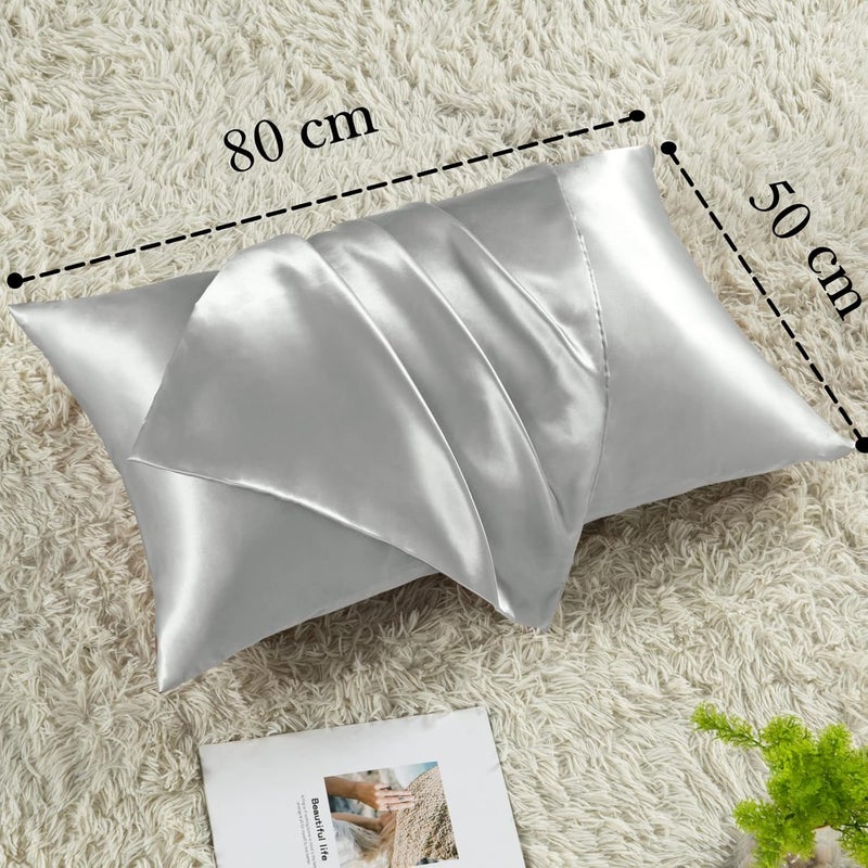 Vielit Pack of 2 Satin Pillowcases 50 x 80 cm, Similar to Silk Pillowcase, Satin Pillowcase Cushion Cover for Hair and Skin Care, Silky Comes with 2 Hair Bobbles (Light Grey) - Image 4