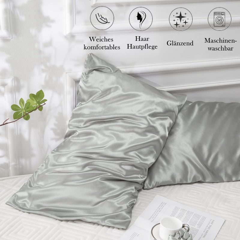 Vielit Pack of 2 Satin Pillowcases 50 x 80 cm, Similar to Silk Pillowcase, Satin Pillowcase Cushion Cover for Hair and Skin Care, Silky Comes with 2 Hair Bobbles (Light Grey) - Image 5