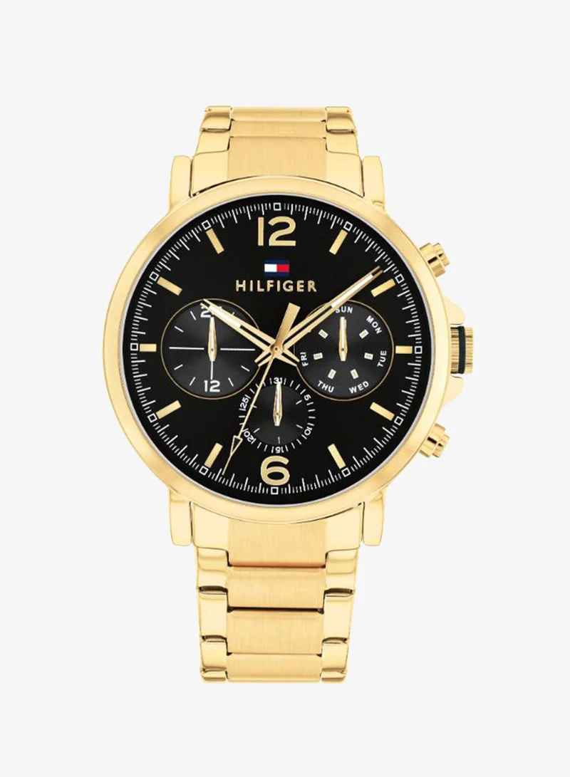 Men's Multifunction Watch, Black Dial, Gold Stainless Steel Strap
