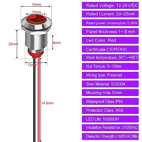 Gebildet 5pcs 12mm AC/DC 12-24V LED Metal Indicator Light Waterproof Signal Lamp Pilot Dash Directional Car Truck Boat with Wire - Image 5