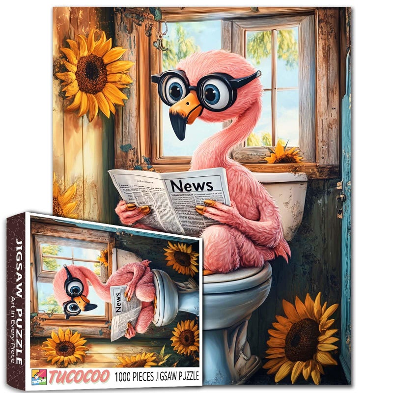 Tucocoo Flamingo on Toilet Jigsaw Puzzle for Adults 1000 Piece Funny Animal with Glasses Reading Newspaper Puzzle Quirky Bathroom Decor Sunflowers Relaxing Puzzles Fun Challenging Gift for Puzzle Lovers - Image 3