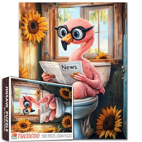 Tucocoo Flamingo on Toilet Jigsaw Puzzle for Adults 1000 Piece Funny Animal with Glasses Reading Newspaper Puzzle Quirky Bathroom Decor Sunflowers Relaxing Puzzles Fun Challenging Gift for Puzzle Lovers - Image 1