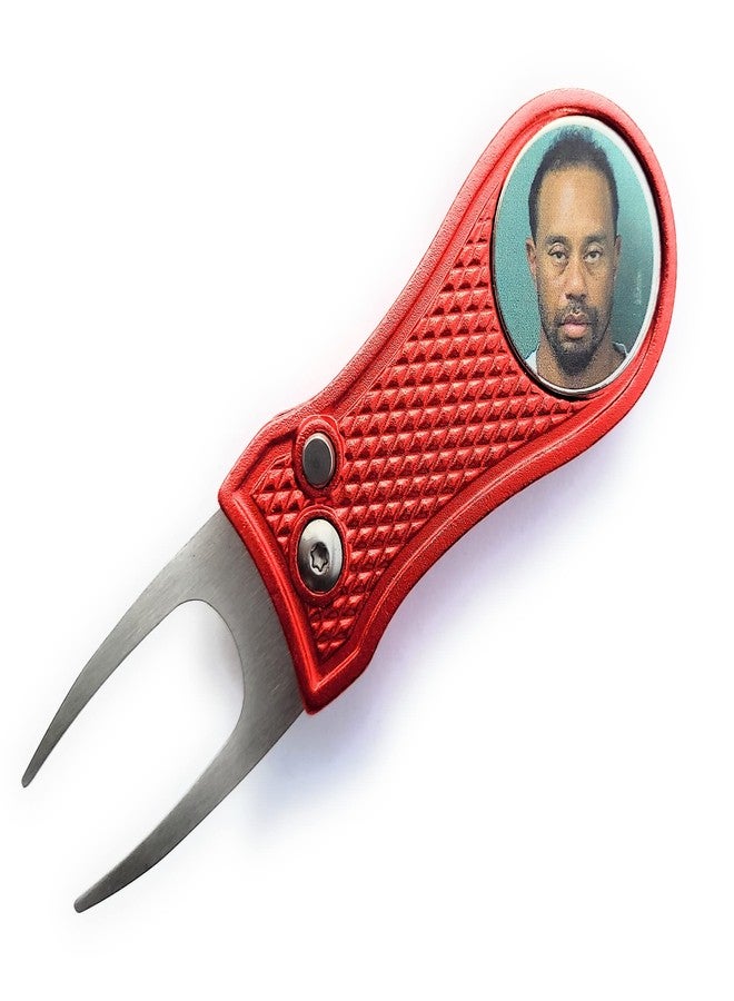 OIXXAF Smash Factor Tiger Woods Mugshot Golf Divot Repair Tool with Ball Marker - Foldable Switchblade Design (Red) - Image 1