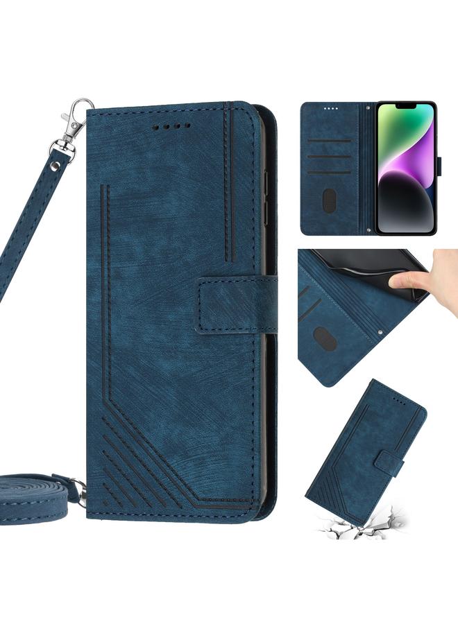 اس-توب جراب هاتف من الجلد بتصميم مخطط لهاتف iPhone 14 Plus مع حبل تعليق - Image 1