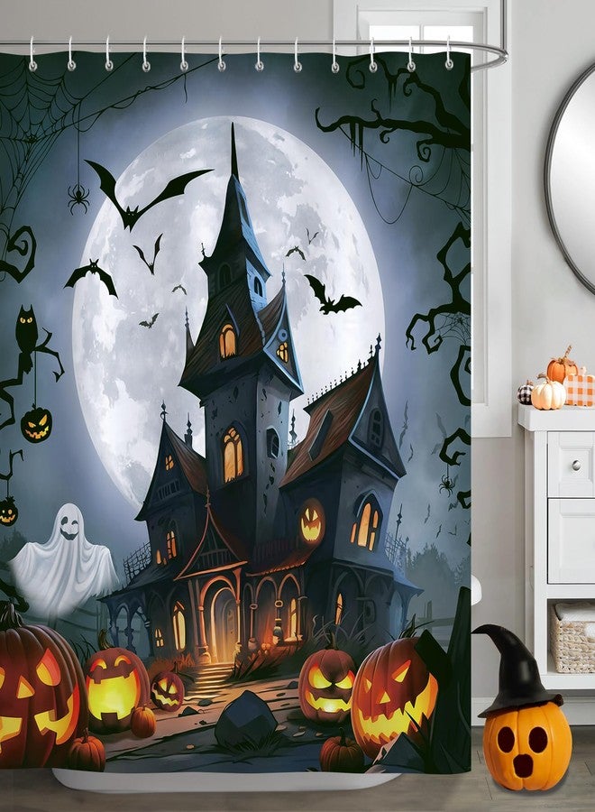 Bonhause Halloween Shower Curtain, Spooky Castle Ghost Pumpkin Lantern Bat Full Moon Bathroom Curtain 72x72 Inch Polyester Fabric Waterproof Bath Curtain with 12 Hooks - Image 2