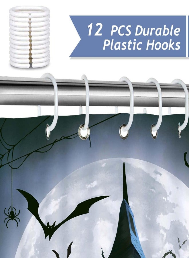 Bonhause Halloween Shower Curtain, Spooky Castle Ghost Pumpkin Lantern Bat Full Moon Bathroom Curtain 72x72 Inch Polyester Fabric Waterproof Bath Curtain with 12 Hooks - Image 3