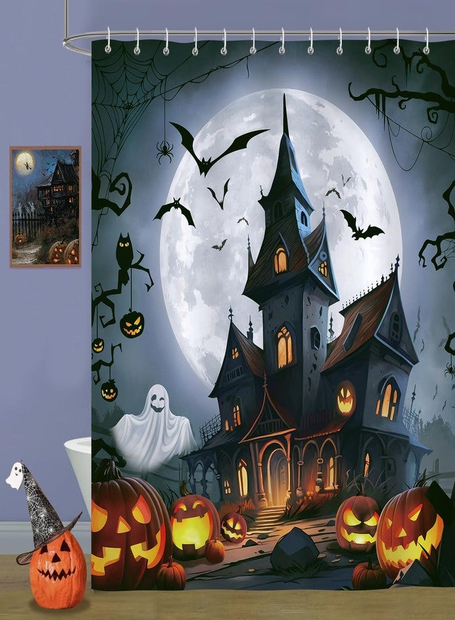 Bonhause Halloween Shower Curtain, Spooky Castle Ghost Pumpkin Lantern Bat Full Moon Bathroom Curtain 72x72 Inch Polyester Fabric Waterproof Bath Curtain with 12 Hooks - Image 1