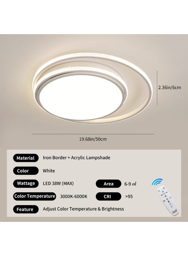 Modern LED Flush Mount Ceiling Light – 20-Inch White Streamlined Double-Ring Art Design with Remote Control, 3000K–6000K Stepless Dimming, and Eye-Care CRI ≥95 – Suitable for Bedrooms, Living Rooms, and Kitchens - Image 2