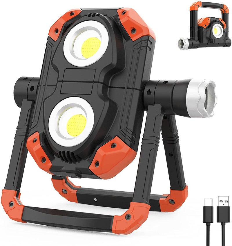 Work Light Rechargeable, 2500LM 3 COB Portable LED Work Light with 4000mAh Mobile Charge, Folding Waterproof Working Flashlight, Car Repairing, Emergency and Job Site Lighting (Orange) - Image 1
