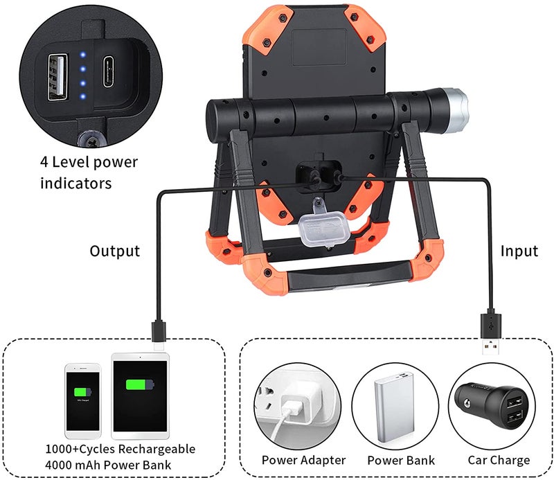 Work Light Rechargeable, 2500LM 3 COB Portable LED Work Light with 4000mAh Mobile Charge, Folding Waterproof Working Flashlight, Car Repairing, Emergency and Job Site Lighting (Orange) - Image 5