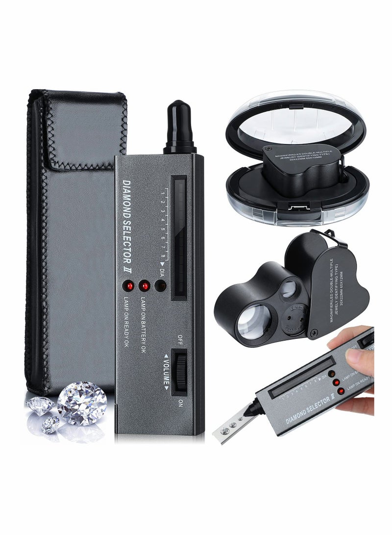 High Accuracy Diamond Tester Jewelry Diamond Detector Gem Diamond Tester Pen 30X 60X Illuminated Jewelry Eye Loupe Mini LED Foldable Magnifying Jewelry Distinguish Tool (Black Tester, Black Loupe) - Image 1