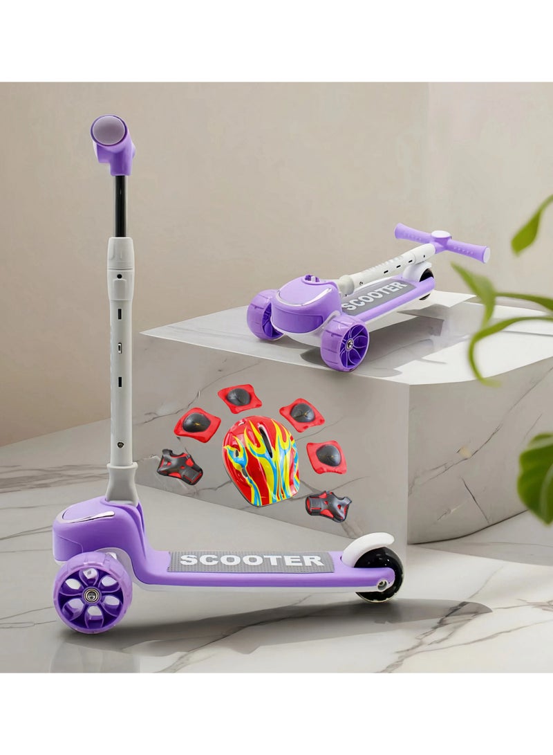 إيزي فيتشور سكوتر EASY FUTURE القابل للطي للأطفال بمقبض قابل لضبط الارتفاع، وعجلات LED PU، وفرامل خلفية وموسيقى - مثالي للأعمار من 3 إلى 8 سنوات بما في ذلك مجموعة معدات الحماية الكاملة - Image 1