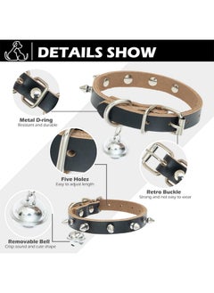 BINGPET Adjustable Leather Spiked Studded Dog Collars,Genuine Leather Pet Collar With Bells,Spiked Cat Puppy Collar,Spikes Soft And Strong Real Leather Made, Adjustable For Small Dogs Puppy Cats  - Image 3