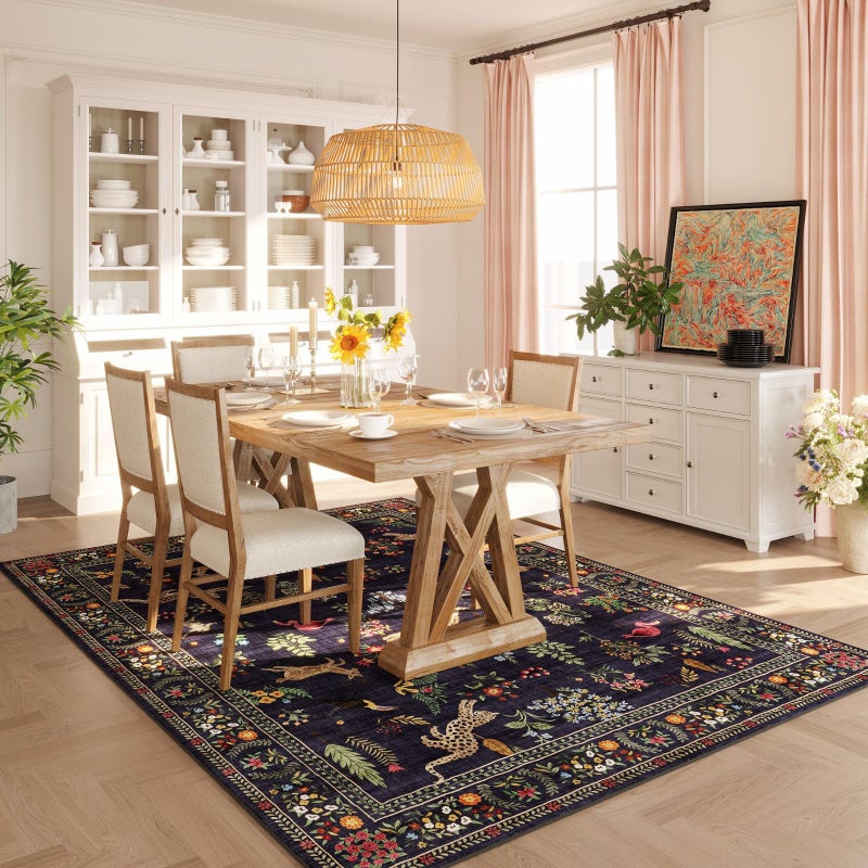 Rugcomf Living Room Rug 5x7 Rug Machine Washable Boho Area Rug Non Slip Floral Animal Vintage Low Pile Large Rugs for Living Room, Bedroom, Farmhouse, Dining Room, Kids Playroom (Blue) - Image 4