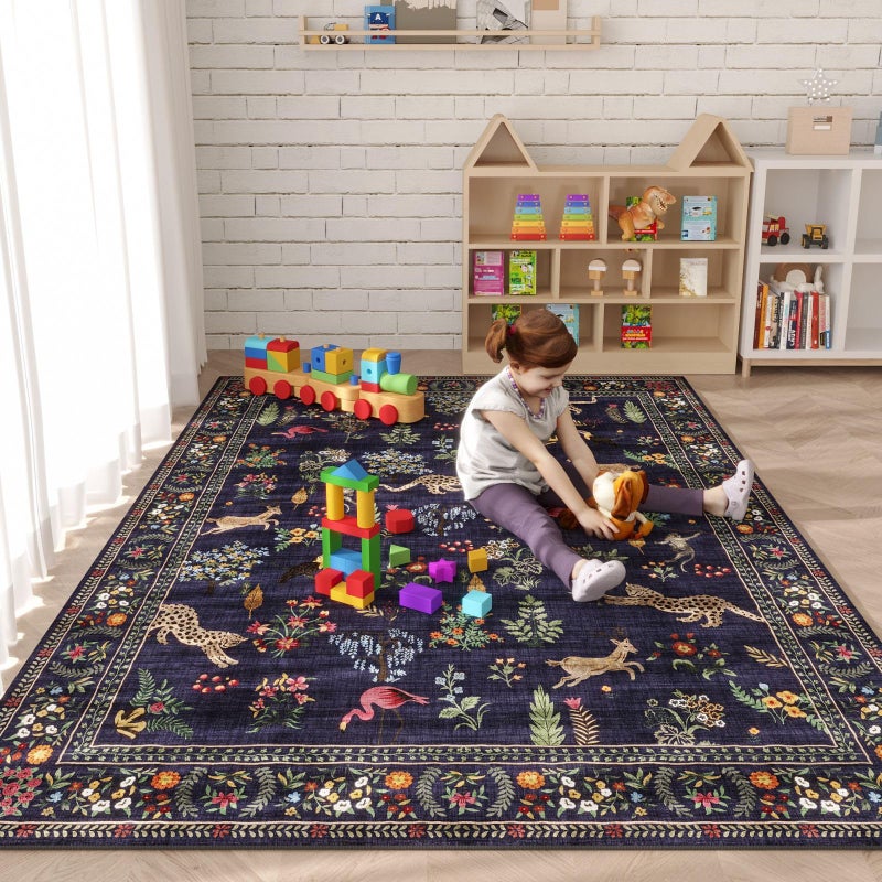 Rugcomf Living Room Rug 5x7 Rug Machine Washable Boho Area Rug Non Slip Floral Animal Vintage Low Pile Large Rugs for Living Room, Bedroom, Farmhouse, Dining Room, Kids Playroom (Blue) - Image 5