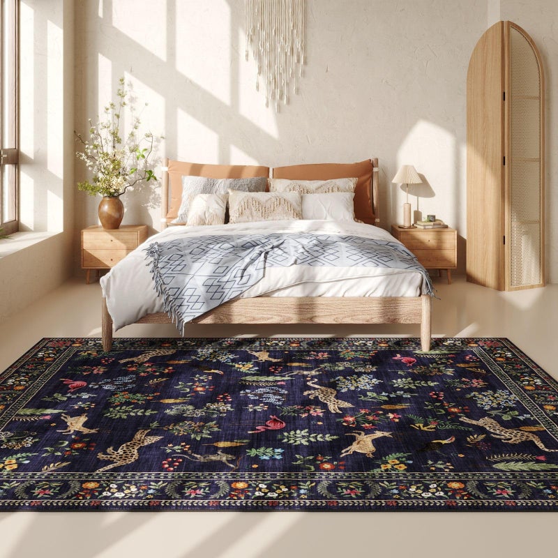 Rugcomf Living Room Rug 5x7 Rug Machine Washable Boho Area Rug Non Slip Floral Animal Vintage Low Pile Large Rugs for Living Room, Bedroom, Farmhouse, Dining Room, Kids Playroom (Blue) - Image 3