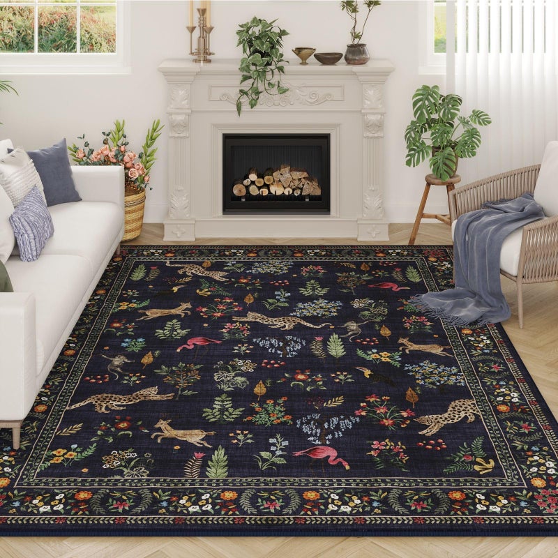 Rugcomf Living Room Rug 5x7 Rug Machine Washable Boho Area Rug Non Slip Floral Animal Vintage Low Pile Large Rugs for Living Room, Bedroom, Farmhouse, Dining Room, Kids Playroom (Blue) - Image 1