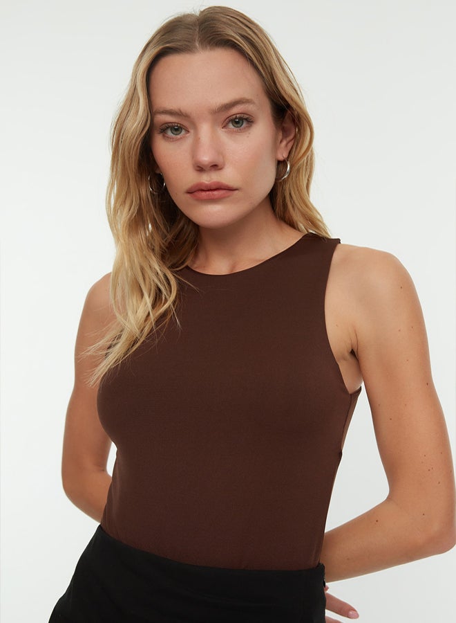 trendyol Dark Brown Halter Neck Body-Smoothing Flexible Bottom Snap Knit Bodysuit - Image 3