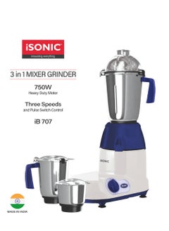 iSONIC 3-in-1 Heavy 750 Watt Mixer Grinder | Multipurpose Heavy Duty Mixer Grinder with 3 Stainless Steel Jars (1.5L,1L&.5L) - Stainless Steel Blades | 3 Speed with Incher  - Image 1