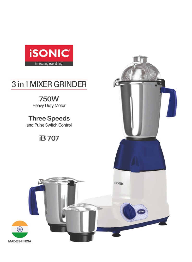 iSONIC 3-in-1 Heavy 750 Watt Mixer Grinder | Multipurpose Heavy Duty Mixer Grinder with 3 Stainless Steel Jars (1.5L,1L&.5L) - Stainless Steel Blades | 3 Speed with Incher  - Image 1
