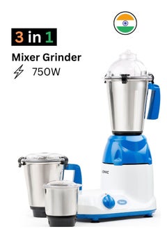 iSONIC 3-in-1 Heavy 750 Watt Mixer Grinder | Multipurpose Heavy Duty Mixer Grinder with 3 Stainless Steel Jars (1.5L,1L&.5L) - Stainless Steel Blades | 3 Speed with Incher  - Image 3