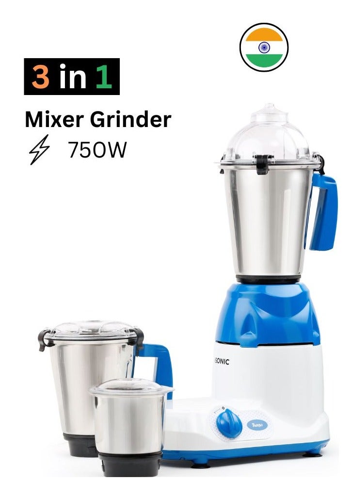 iSONIC 3-in-1 Heavy 750 Watt Mixer Grinder | Multipurpose Heavy Duty Mixer Grinder with 3 Stainless Steel Jars (1.5L,1L&.5L) - Stainless Steel Blades | 3 Speed with Incher  - Image 3