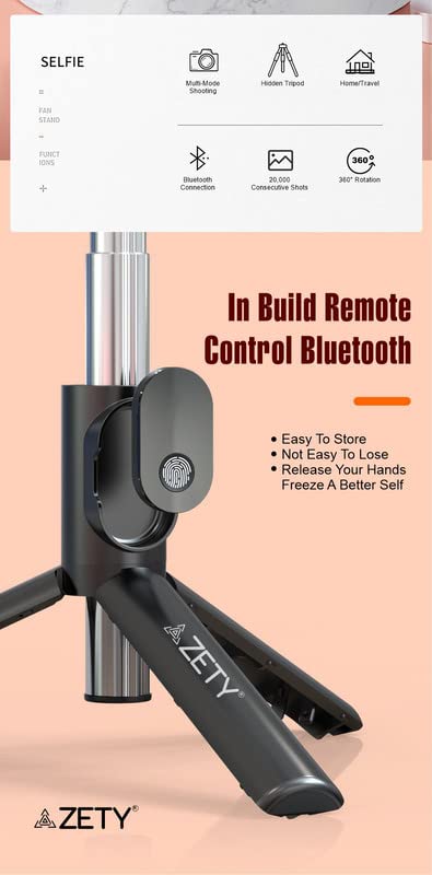 Zety (S10) 40 Inch / 103 cm Extendable Selfie Stick Tripod with Finger Print Style Bluetooth Remote Control | Multi Purpose Selfie Stick Cum Phone Tripod | Standard Selfie Stick Tripod - Image 5