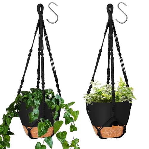 GARDIFE 10 Inch Hanging Planters with Macrame Plant Hanger for Indoor and Outdoor Plants 2 Pack Large Self Watering Hanging Plant Pot with Basket Flower Pot with Drainage Hole Black - Image 1