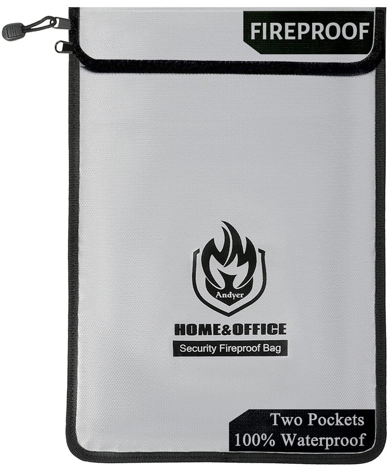 andyer Upgraded Two Pockets Fireproof Document Bag (2000â„‰), andyer 15â€x 11â€Waterproof Fireproof Money Bag for Cash with Zipper, Important Document Storage Organizer for Valuables, Legal Documents Safe - Image 1