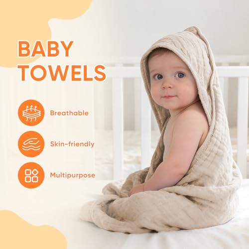MIGIOL Muslin Hooded Baby Towels 100 Cotton Super Soft Muslin Baby Bath Towel 32 x 32 Inches Suitable for Newborn and Young Children up to 3 Years Old Beige Coffee - Image 3