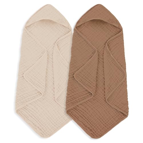 MIGIOL Muslin Hooded Baby Towels 100 Cotton Super Soft Muslin Baby Bath Towel 32 x 32 Inches Suitable for Newborn and Young Children up to 3 Years Old Beige Coffee - Image 1