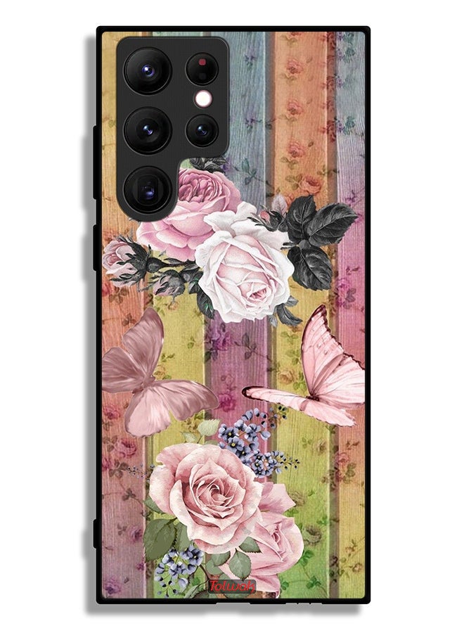 Tolwak Samsung Galaxy S22 Ultra 5G Protective Case Cover Peach Butterflies And Roses - Image 3
