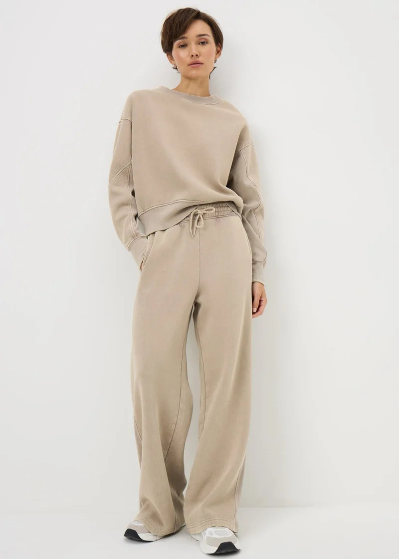Brown Acid Wash Rib Wide Leg Jogging Bottoms
